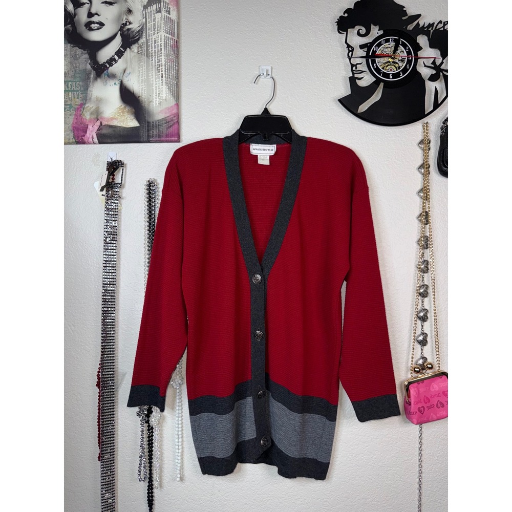 Vintage McNaughton Wear Cardigan Womens Small Red Gray Colorblock Shoulder Pads